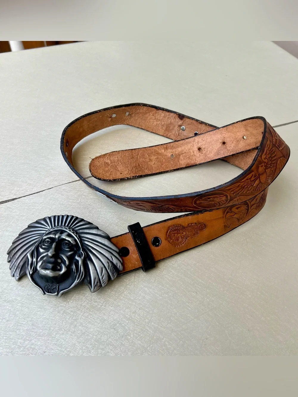 Hand-Tooled Brown Leather Men’s Belt with Native Chief Buckle